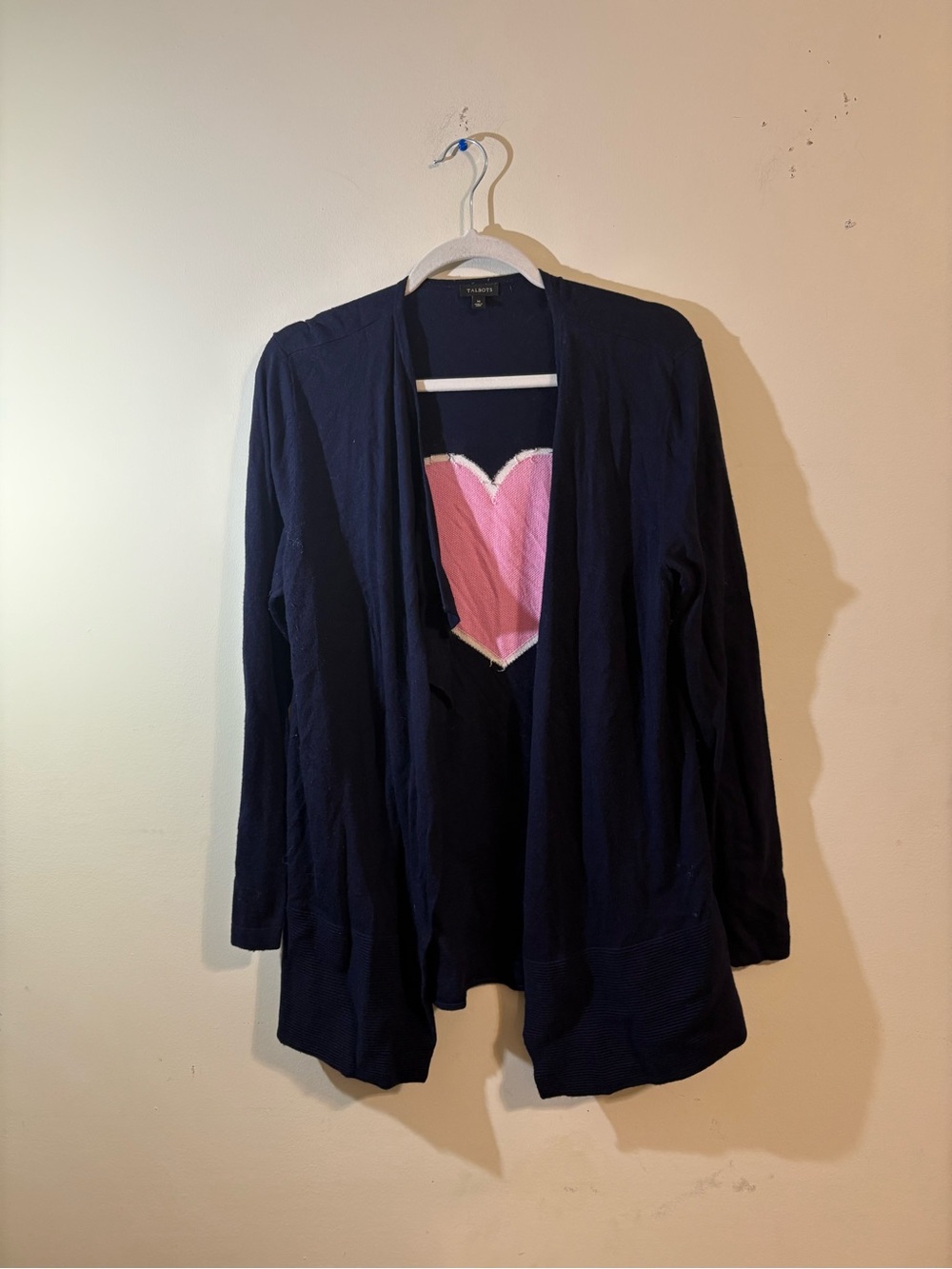 Talbots Cardigan sweater women’s Medium navy blue waterfall pink heart on back